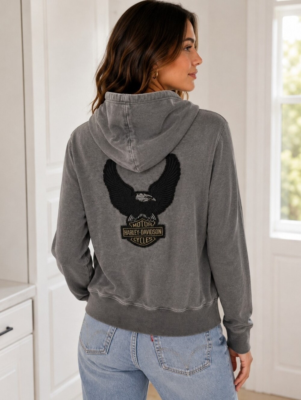 Poshmark: Washed Gray Zip Hoodie Eagle Moto Biker Y2K Grunge Sz M - Picture 12 of 12